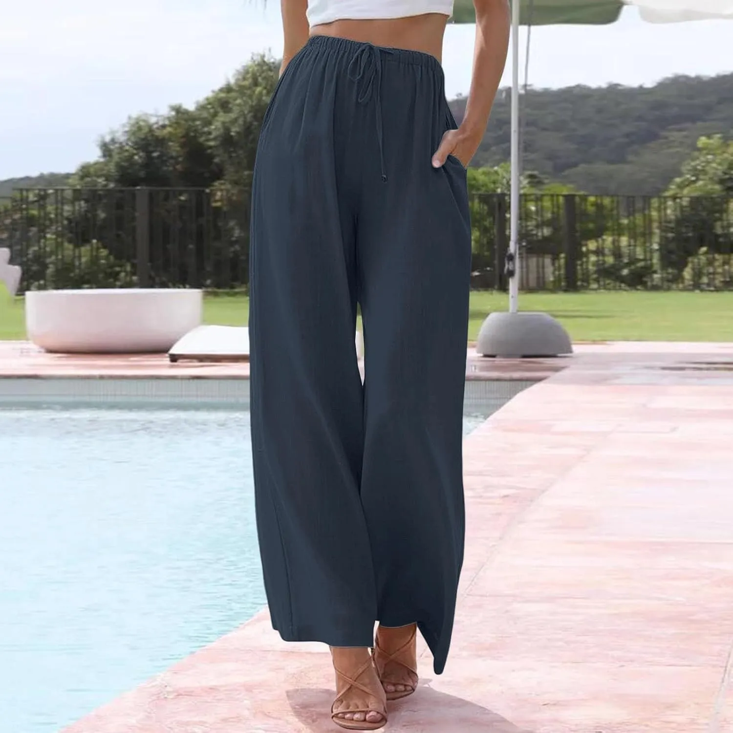 Women's 2025 Summer Linen Palazzo Pants High Waisted Flowy Wide Leg Beach Pants Palazzo Lounge Pant Trousers with Pocket