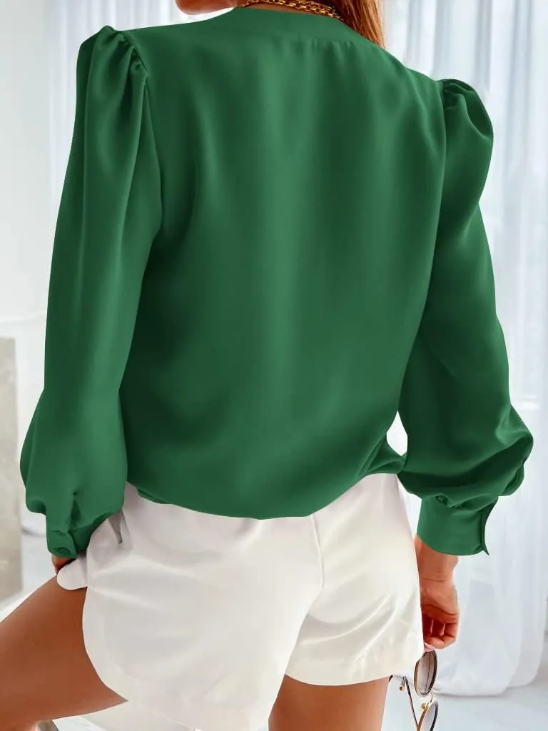 Women's Business Casual Tops Summer Long Sleeve Button Down Shirts V Neck Chiffon Blouses
