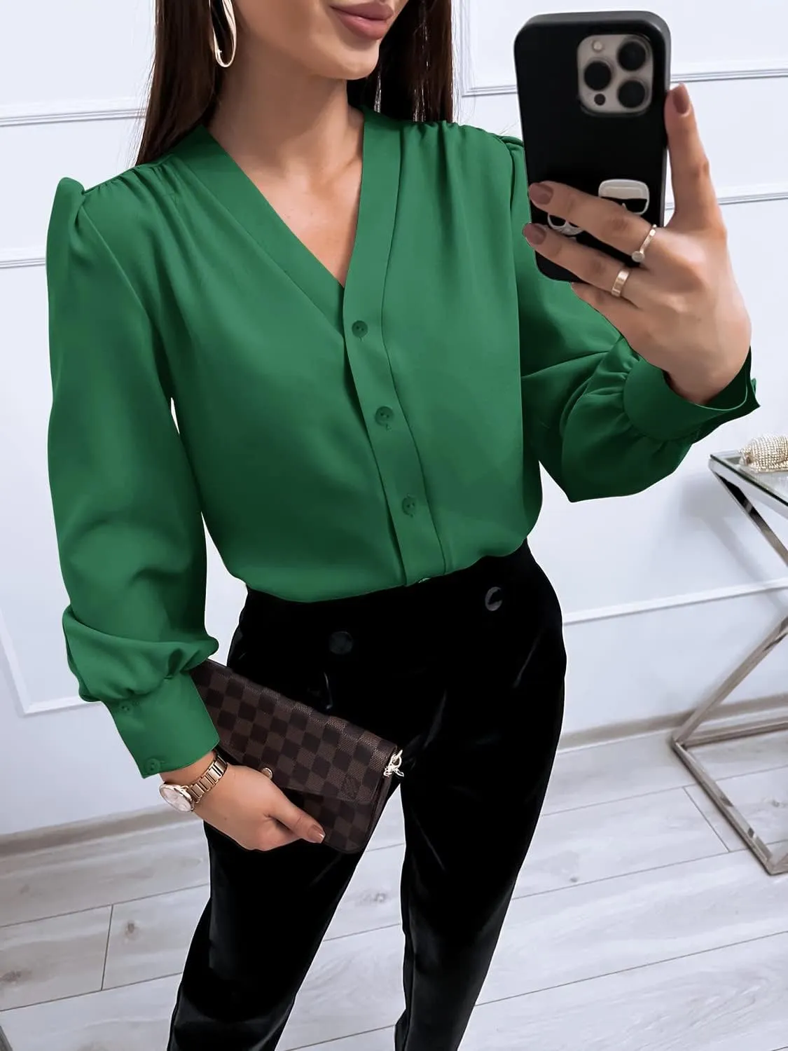 Women's Business Casual Tops Summer Long Sleeve Button Down Shirts V Neck Chiffon Blouses