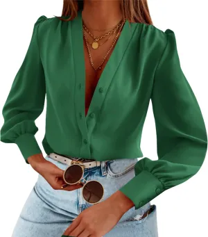 Women's Business Casual Tops Summer Long Sleeve Button Down Shirts V Neck Chiffon Blouses