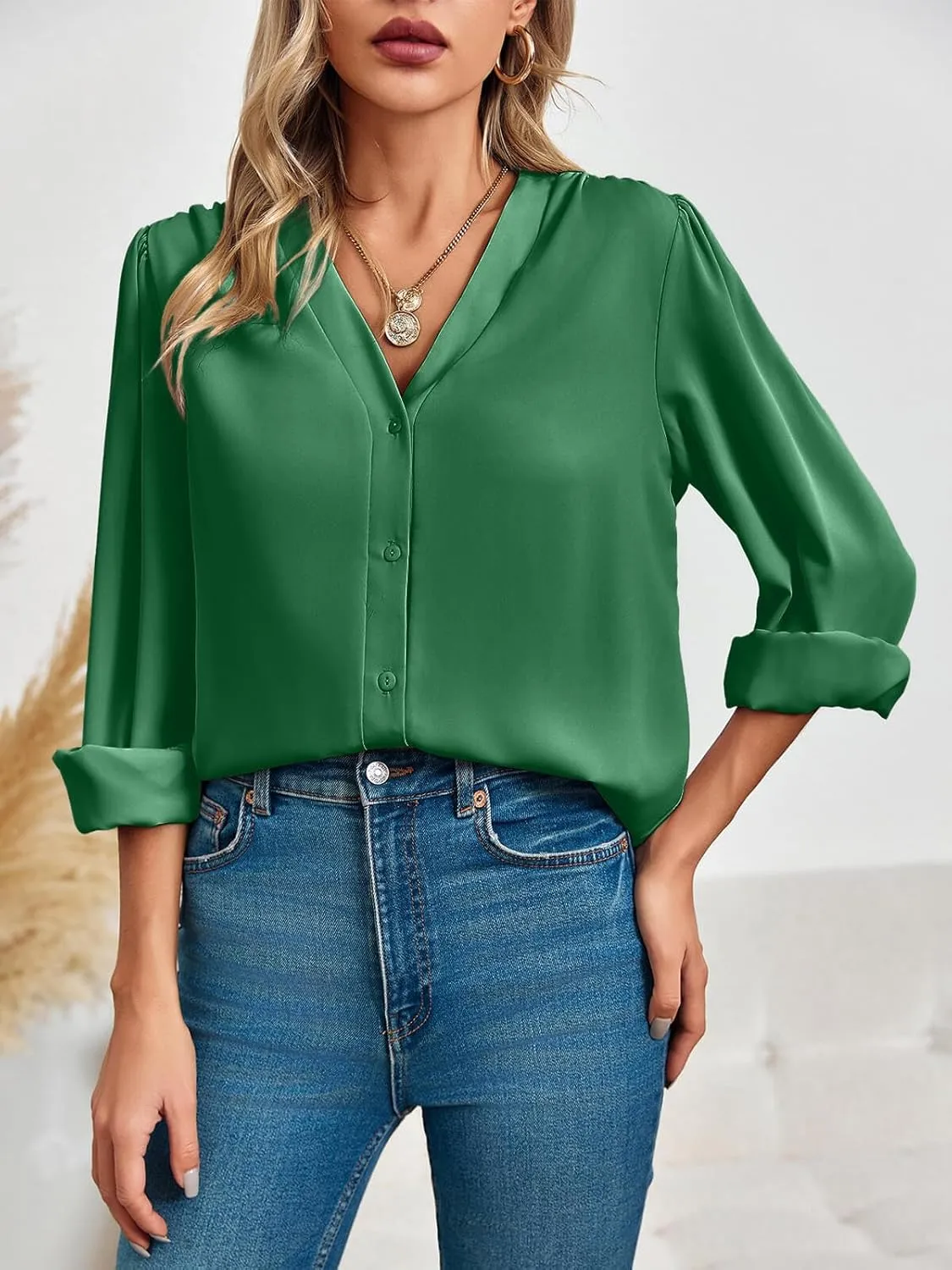Women's Business Casual Tops Summer Long Sleeve Button Down Shirts V Neck Chiffon Blouses