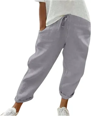 Women's Cotton Linen Pants Casual Summer High Waisted Wide Leg Cropped Baggy Lounge Pants Trousers with Pockets Beach