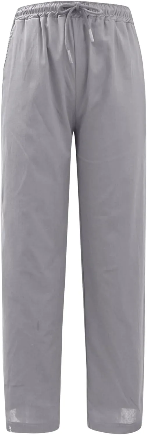 Women's Cotton Linen Pants Casual Summer High Waisted Wide Leg Cropped Baggy Lounge Pants Trousers with Pockets Beach