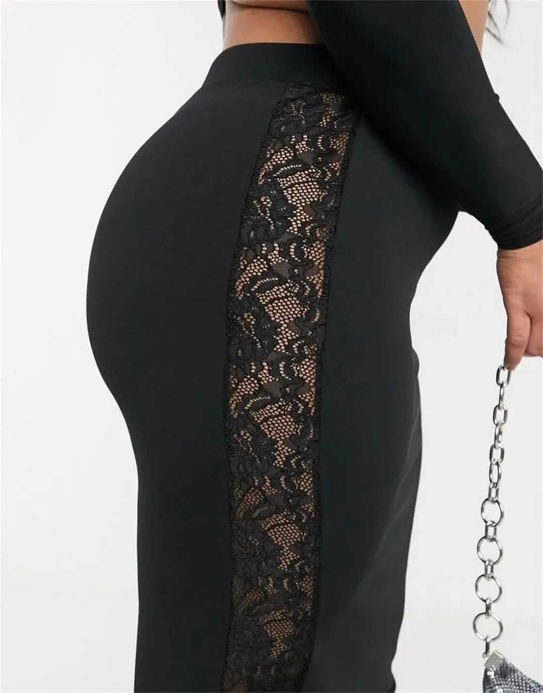 Women's Elastic Waist Lace Hem Skirt Bodycon Business Casual Office Solid Color Midi Skirts