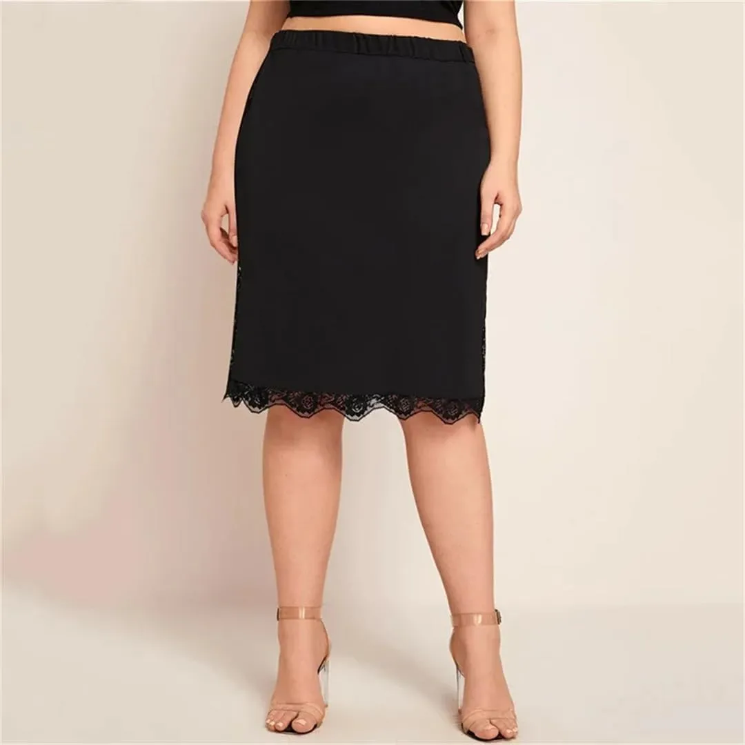 Women's Elastic Waist Lace Hem Skirt Bodycon Business Casual Office Solid Color Midi Skirts
