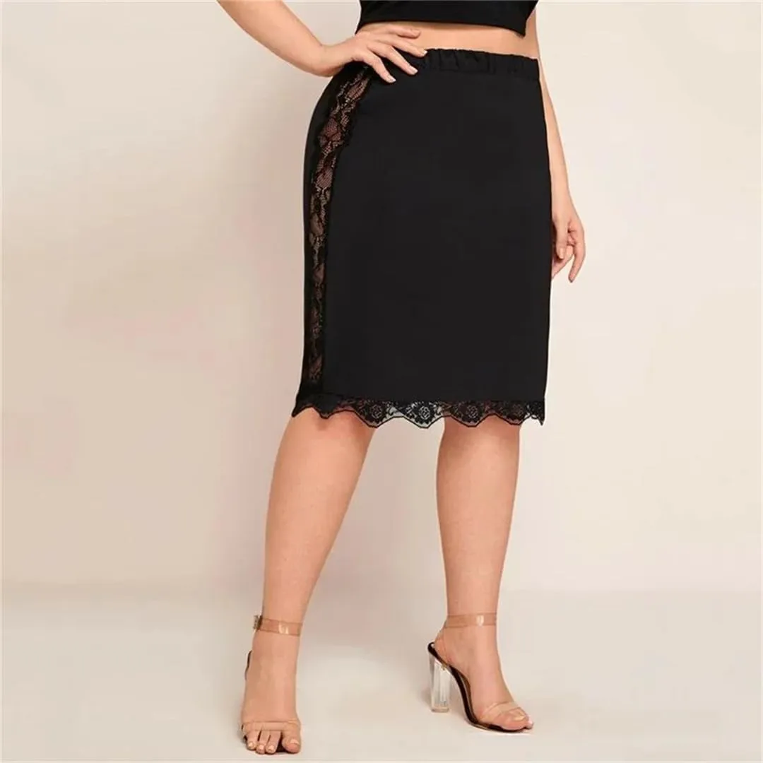 Women's Elastic Waist Lace Hem Skirt Bodycon Business Casual Office Solid Color Midi Skirts