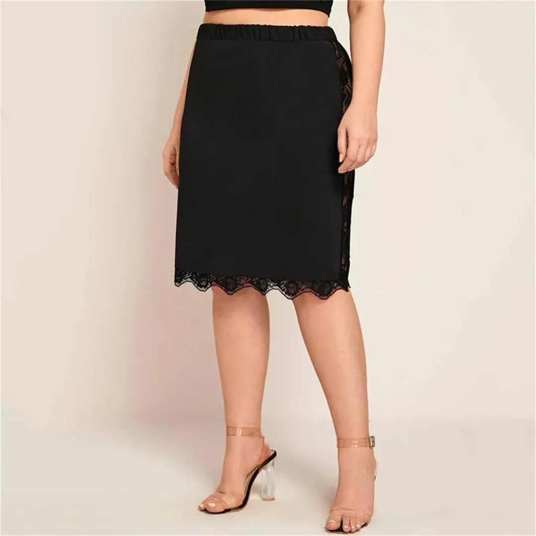Women's Elastic Waist Lace Hem Skirt Bodycon Business Casual Office Solid Color Midi Skirts
