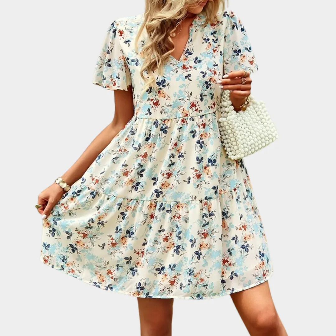 Womens Floral V-Neck Dress  Short Sleeve Loose Fit  Lightweight Casual Style  Soft Printed Fabric  Multiple Colours