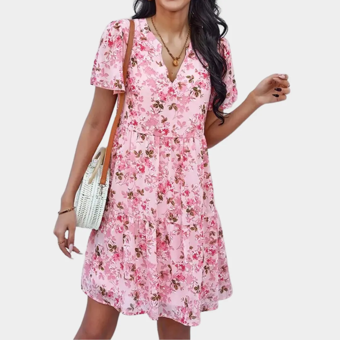 Womens Floral V-Neck Dress  Short Sleeve Loose Fit  Lightweight Casual Style  Soft Printed Fabric  Multiple Colours