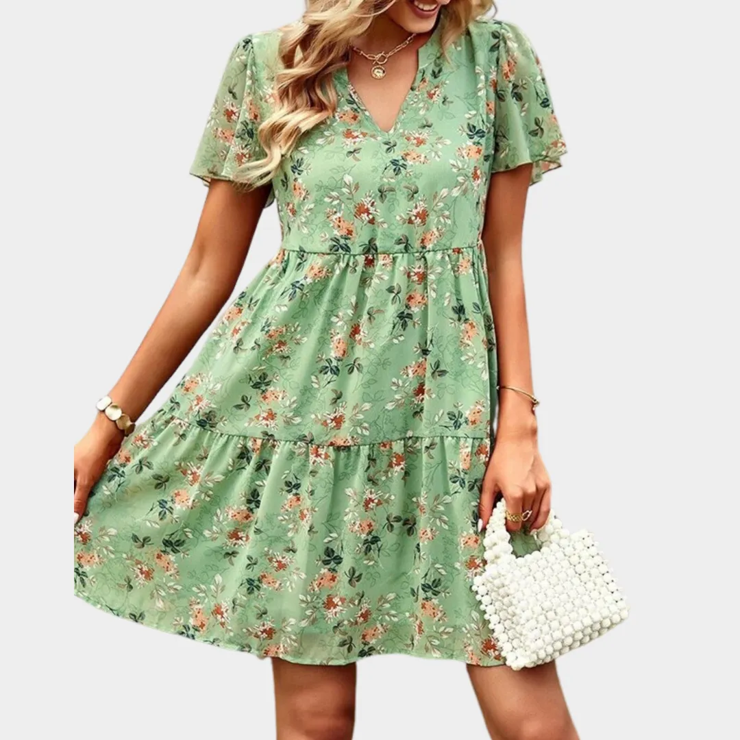 Womens Floral V-Neck Dress  Short Sleeve Loose Fit  Lightweight Casual Style  Soft Printed Fabric  Multiple Colours