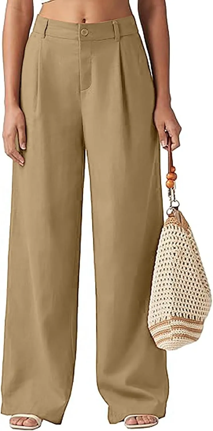 Women's Linen Wide Leg Pants Plus Size Breathable Business Casual Trousers Relaxed Fit Office Workwear