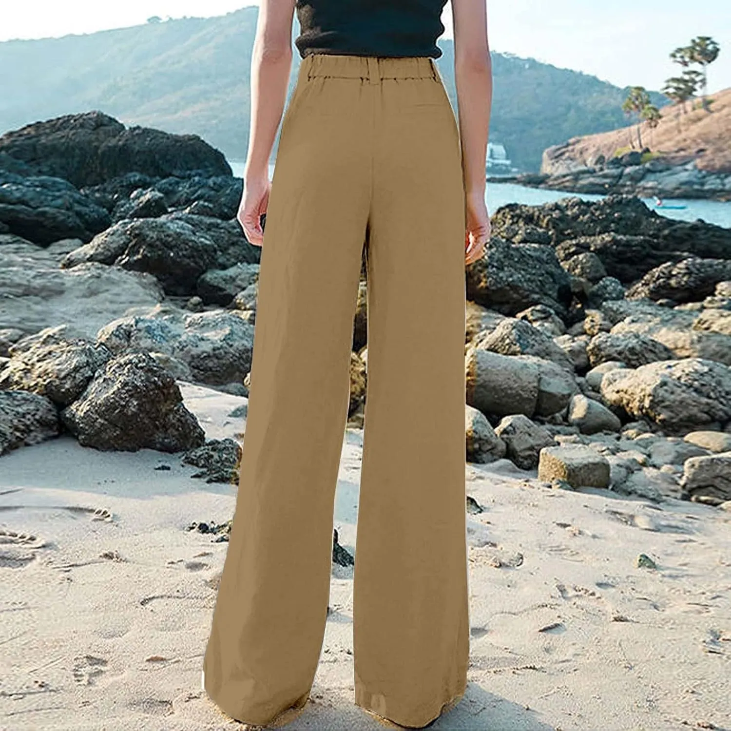Women's Linen Wide Leg Pants Plus Size Breathable Business Casual Trousers Relaxed Fit Office Workwear