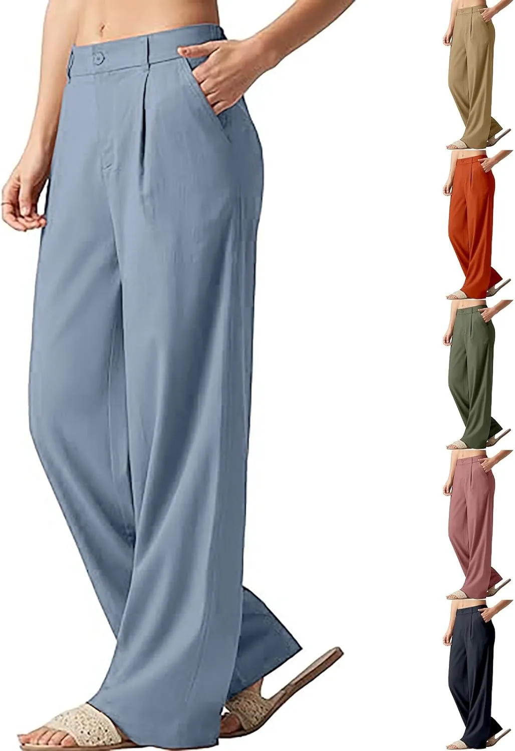 Women's Linen Wide Leg Pants Plus Size Breathable Business Casual Trousers Relaxed Fit Office Workwear