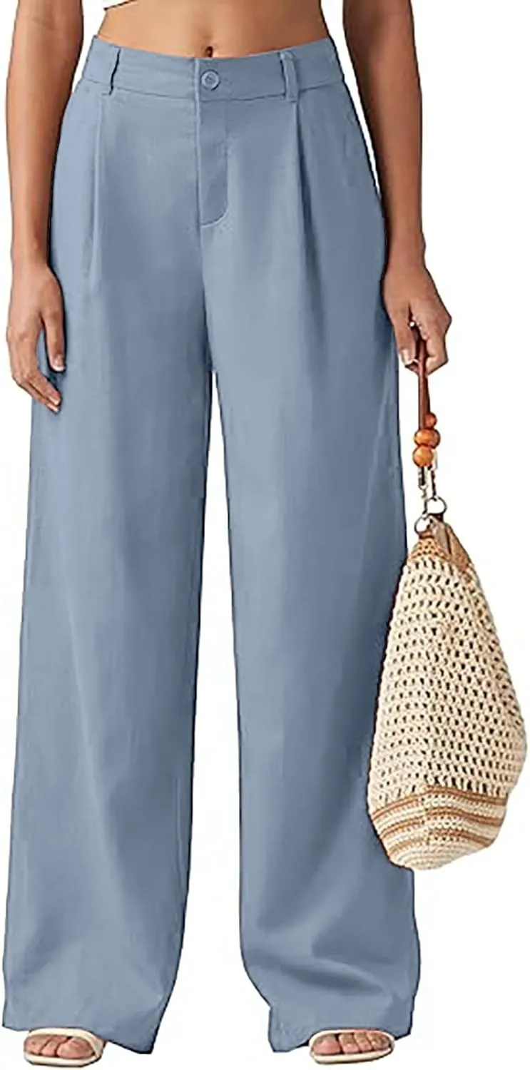 Women's Linen Wide Leg Pants Plus Size Breathable Business Casual Trousers Relaxed Fit Office Workwear