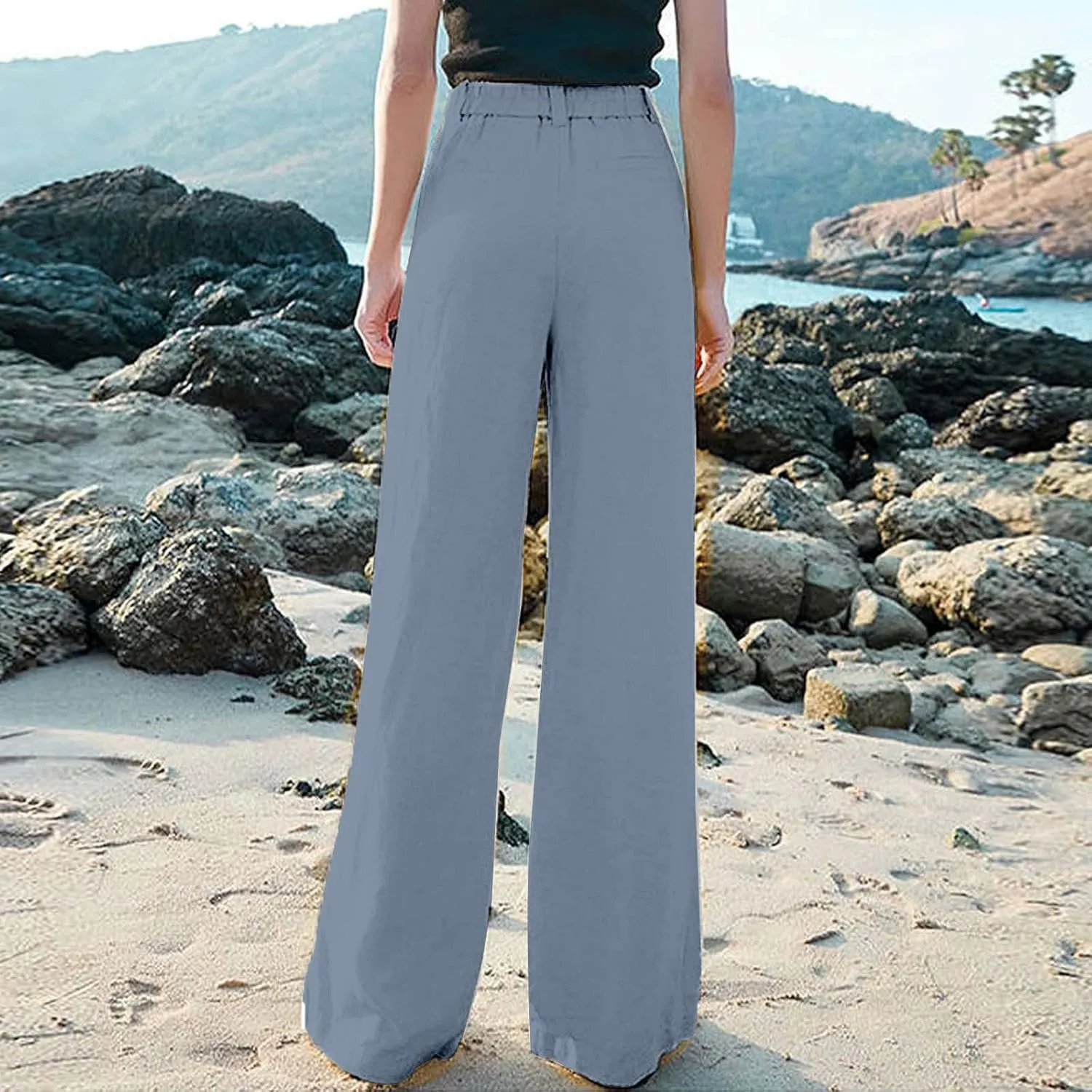 Women's Linen Wide Leg Pants Plus Size Breathable Business Casual Trousers Relaxed Fit Office Workwear
