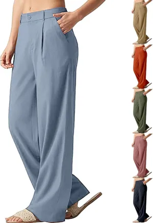 Women's Linen Wide Leg Pants Plus Size Breathable Business Casual Trousers Relaxed Fit Office Workwear