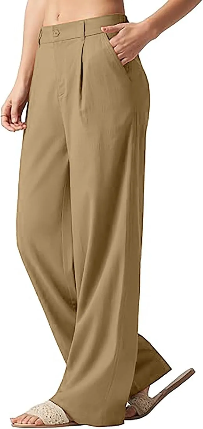 Women's Linen Wide Leg Pants Plus Size Breathable Business Casual Trousers Relaxed Fit Office Workwear