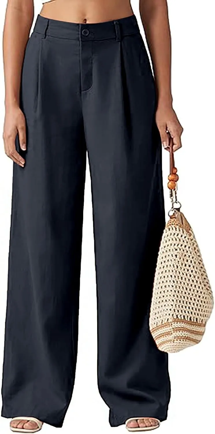 Women's Linen Wide Leg Pants Plus Size Breathable Business Casual Trousers Relaxed Fit Office Workwear