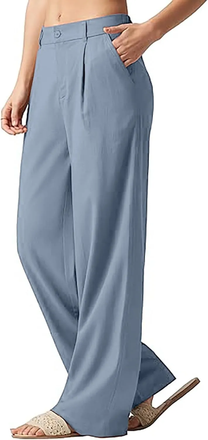 Women's Linen Wide Leg Pants Plus Size Breathable Business Casual Trousers Relaxed Fit Office Workwear