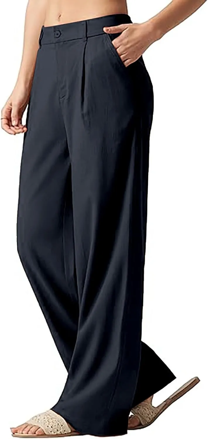 Women's Linen Wide Leg Pants Plus Size Breathable Business Casual Trousers Relaxed Fit Office Workwear