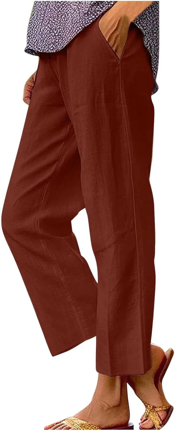 Women's Wide Leg Pants Linen Casual Summer Trendy Workout Relaxed Fit Loose Lounge Yoga Trousers with Pockets Beach