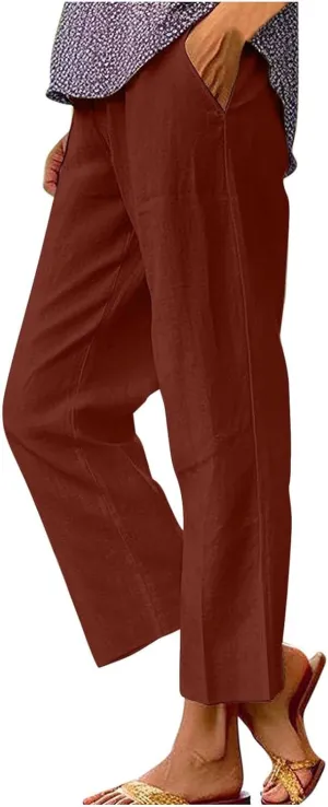 Women's Wide Leg Pants Linen Casual Summer Trendy Workout Relaxed Fit Loose Lounge Yoga Trousers with Pockets Beach