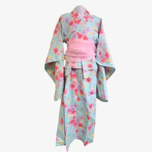 Yukata Girls - Light blue with pink & purple floral design