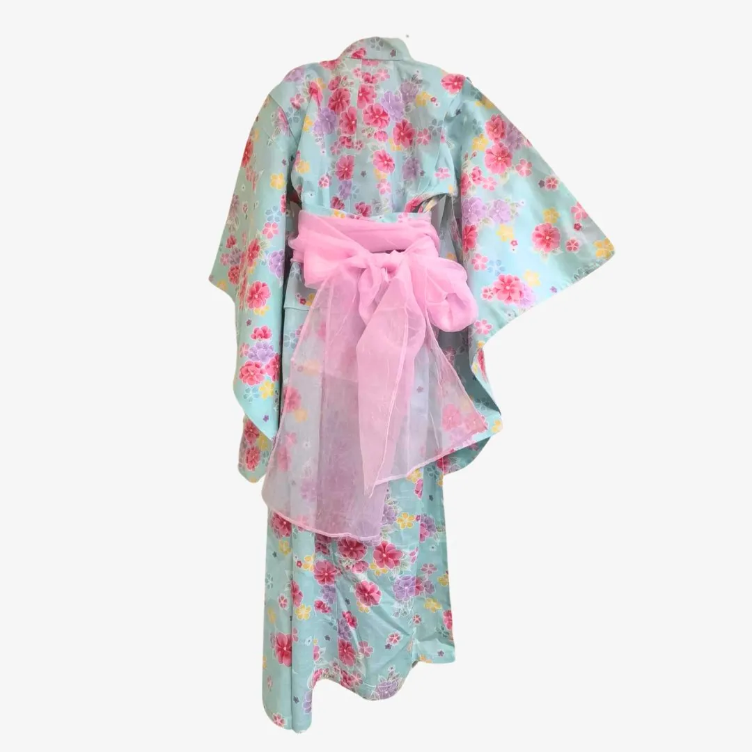 Yukata Girls - Light blue with pink & purple floral design