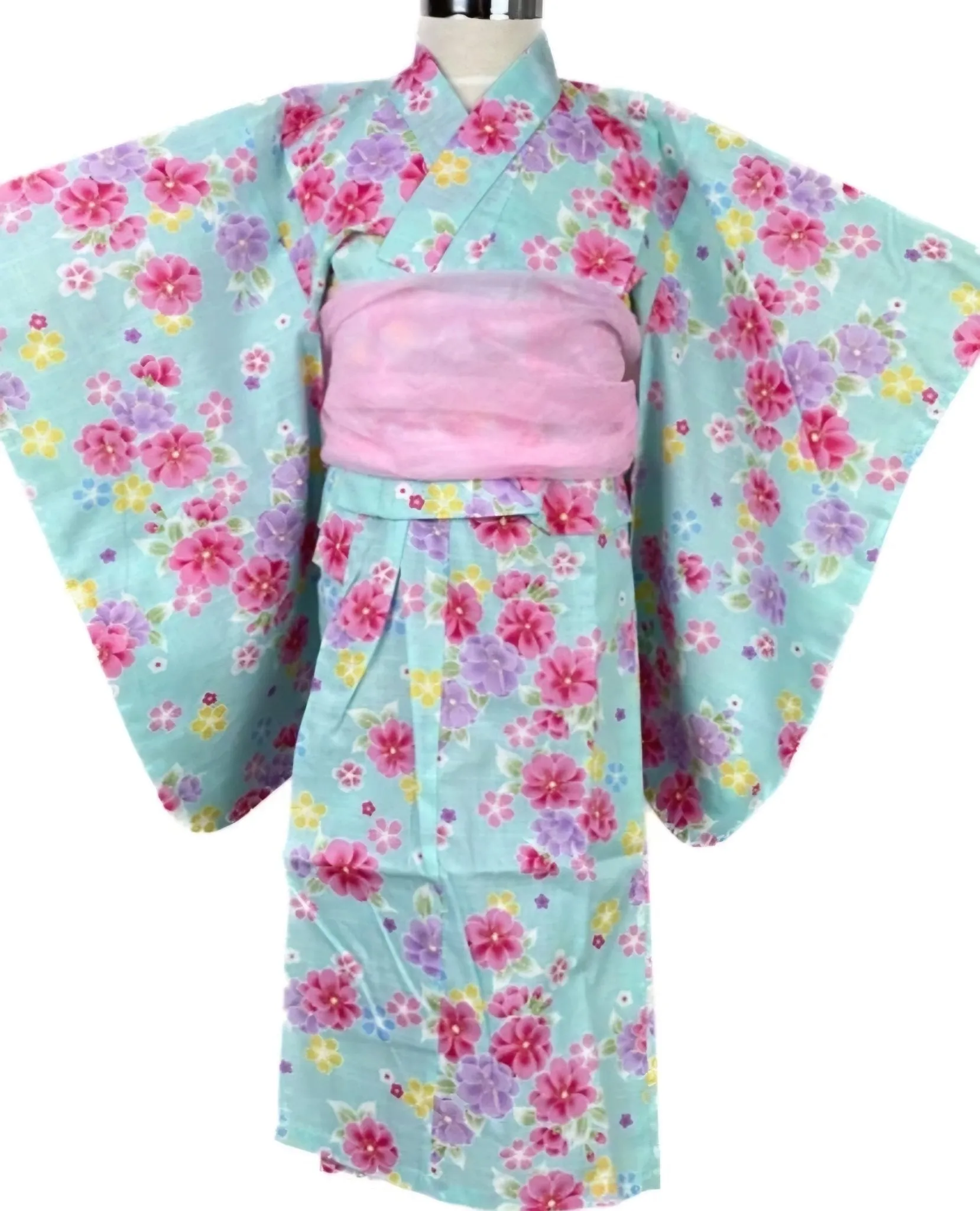 Yukata Girls - Light blue with pink & purple floral design