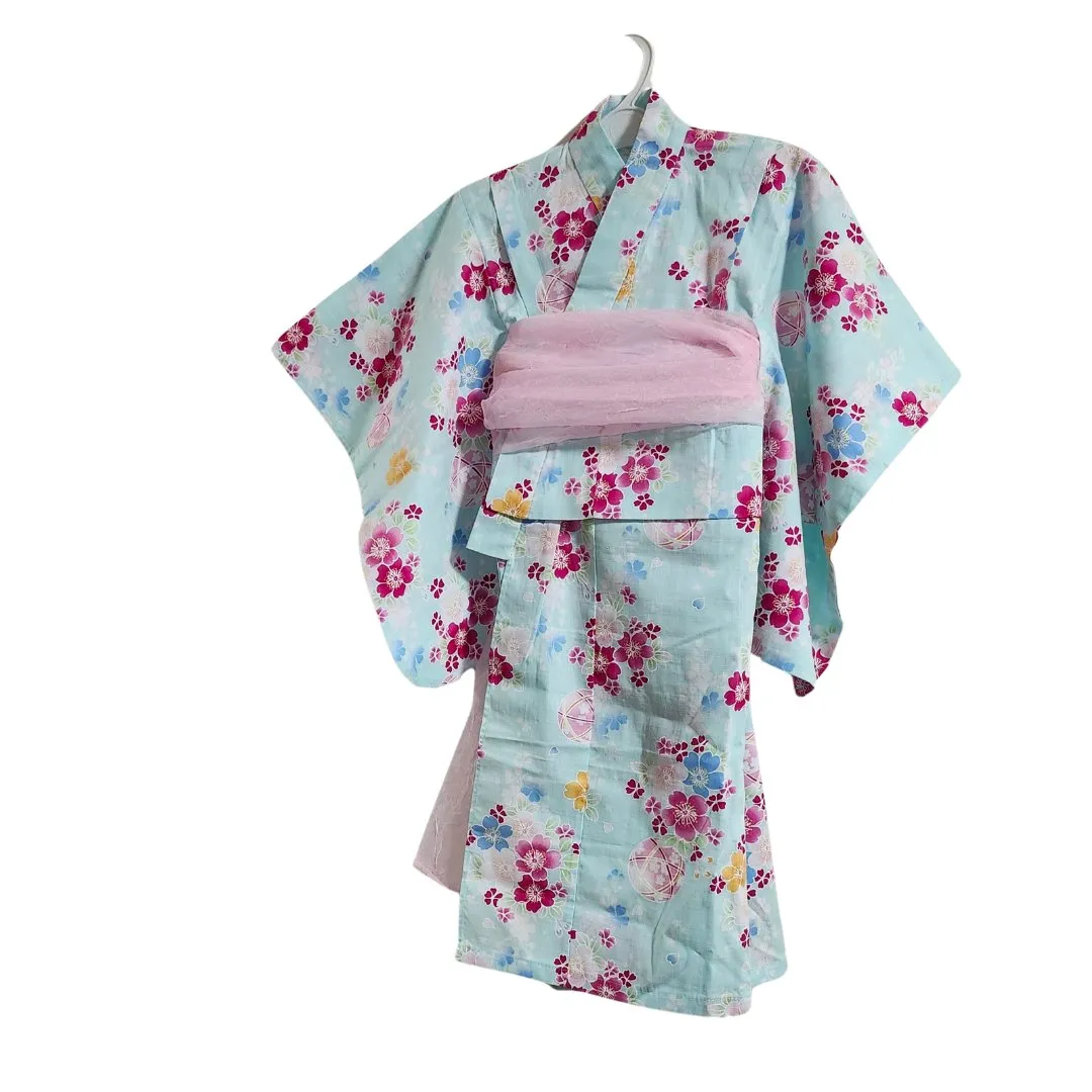 Yukata Girls - light blue with Temari and cherry blossoms