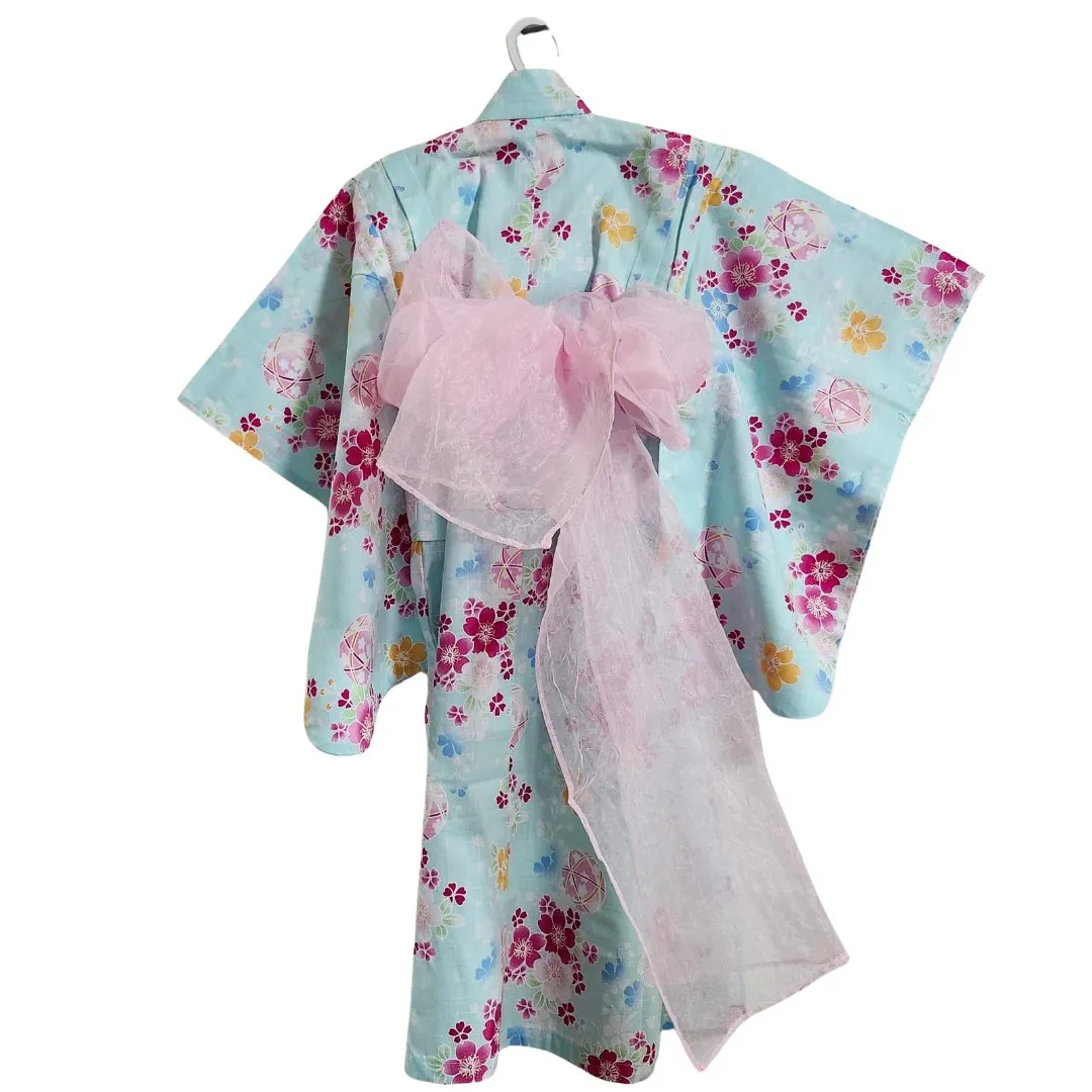 Yukata Girls - light blue with Temari and cherry blossoms